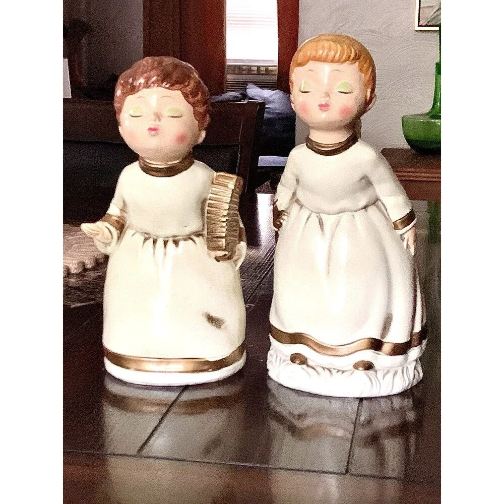 MCM Christmas Kissing Angel Set 2 Papier Mache Choir Children Japan Vintage 9.5